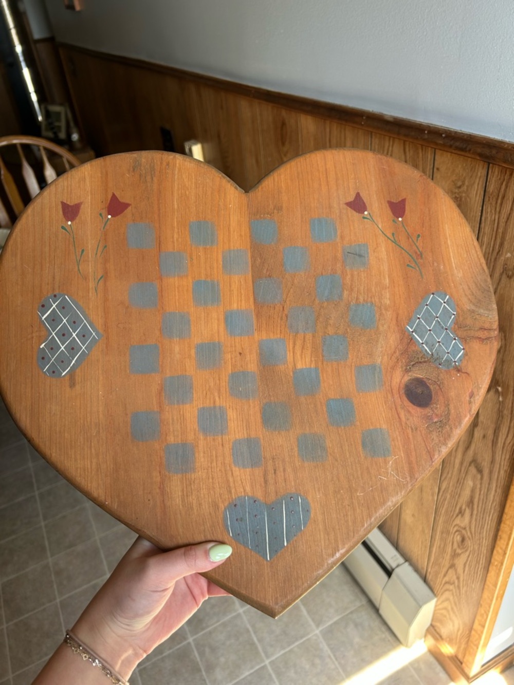 Heart-Shaped Wooden Checker Board wall hanging - Hand-Painted Gray & Red